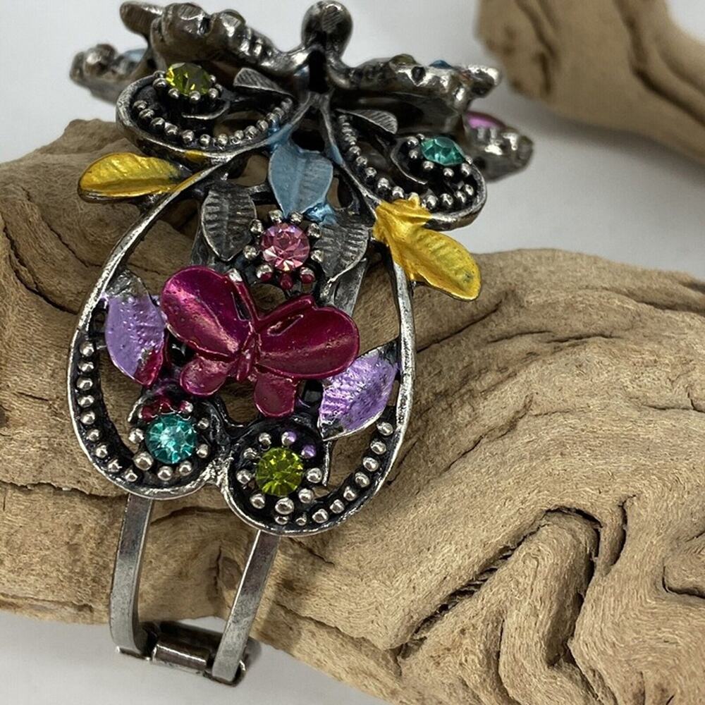 Silver And Rhinestone Floral Bangle. Hinged. Multicolored. Butterfly. Big. - Picture 4 of 7